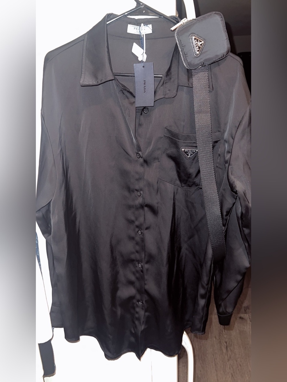 Prada Black Satin Button-Front Shirt Jacket with Logo Pocket